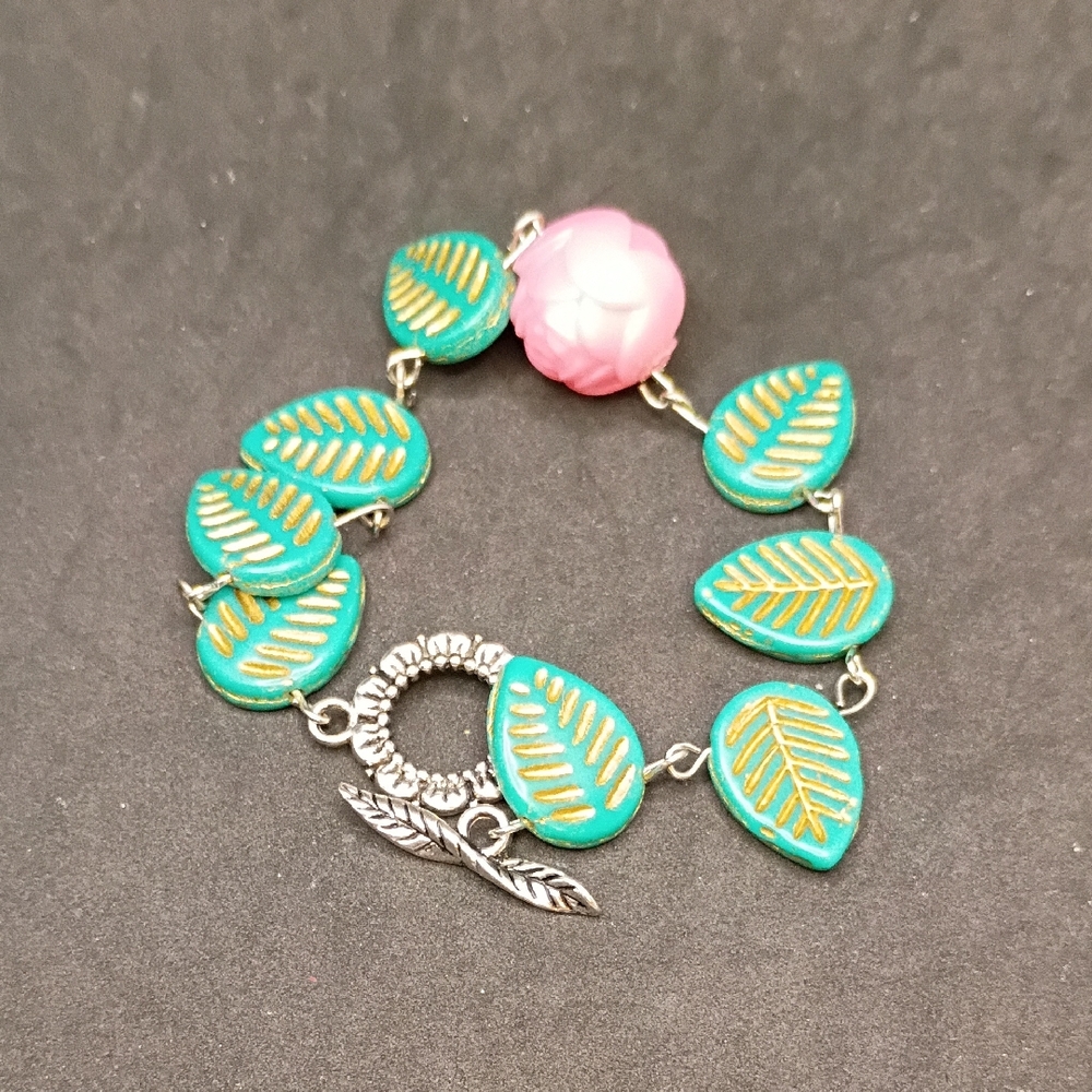 Leaf Charm Bracelet with Pink Rose Accent Bead